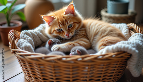 Obraz na płótnie orange cat with a caring expression cuddling grey kittens in a cozy basket with a natural background w salonie