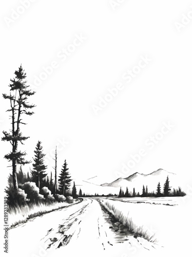 black and white sketch landscape decorative border with white area