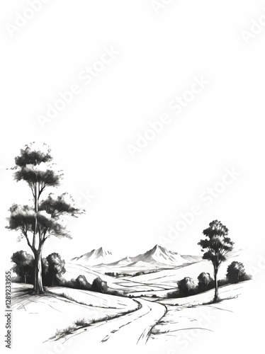 black and white landscape sketch decoration elemenrt with trees and hills and blank area for insertion