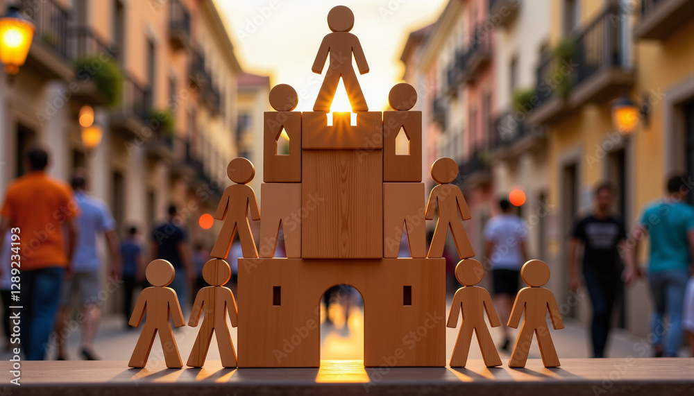 wooden figure pyramid with people in teamwork concept against a blurry street background at sunset