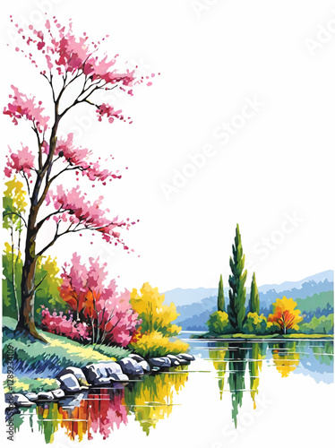 spring landscape with blomming trees and river and white area for insertion vector illustration