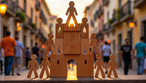 Obraz na płótnie wooden figure pyramid with people in teamwork concept against a blurry street background at sunset w salonie
