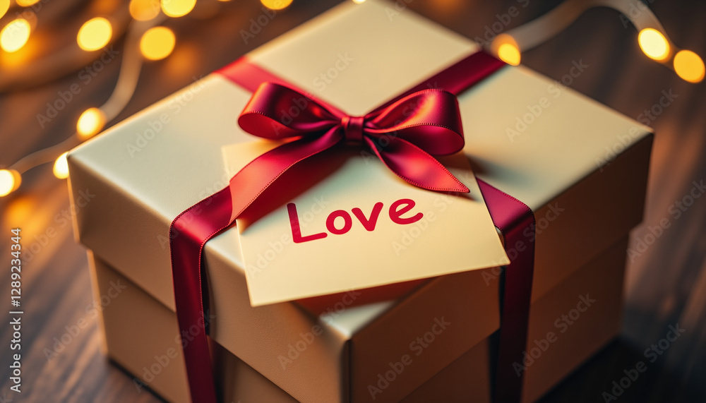 gift box with a red ribbon and a note saying