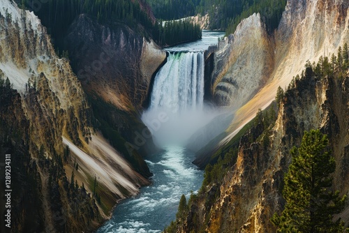Breathtaking View of Lower Yellowstone Falls in Yellowstone National Park, USA: A Majestic Waterfall Cascading into the River