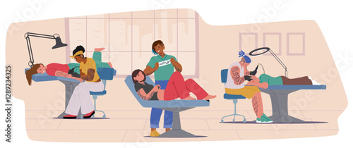 Tattoo salon interior cartoon scene with clients getting professional service from skilled artists