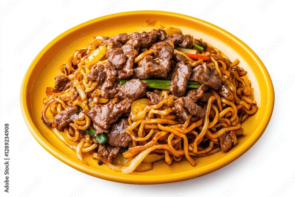 Stir-fried noodles with beef asian restaurant food photography indoor setting close-up shot culinary delight Stir-fried noodles with beef asian restaurant food photography indoor setting close-up shot culinary delight
