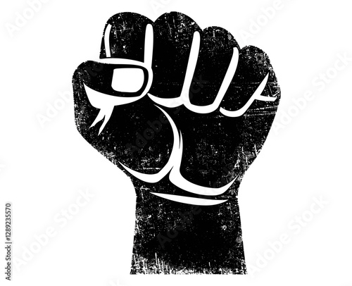 Vector raised fist stamp, distressed grunge design, clenched fist icon, protest symbol, unity, rebellion, strength, retro graphic, empowerment, bold statement, street art