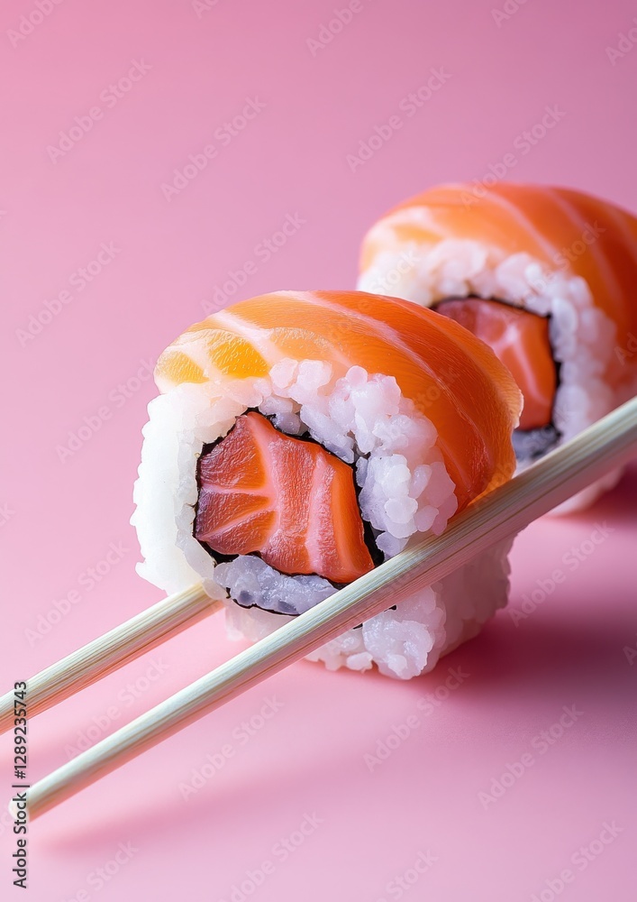 Fresh sushi rolls with salmon and rice on a pink background, served with chopsticks for a delightful culinary experience and vibrant food presentation Fresh sushi rolls with salmon and rice on a pink background, served with chopsticks for a delightful culinary experience and vibrant food presentation
