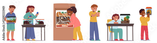 Little happy children cartoon characters playing with cute lovely insects building houses for pets