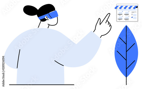 Female character in VR headset interacting with online store interface, pointing at screen. Ideal for e-commerce, virtual reality, online shopping, technology, user experience, digital marketing