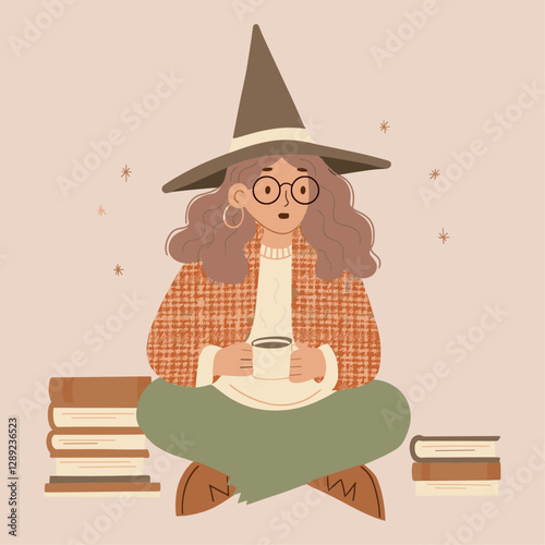 Vintage Witch Drinking Tea with Books - Cozy Aesthetic Art
