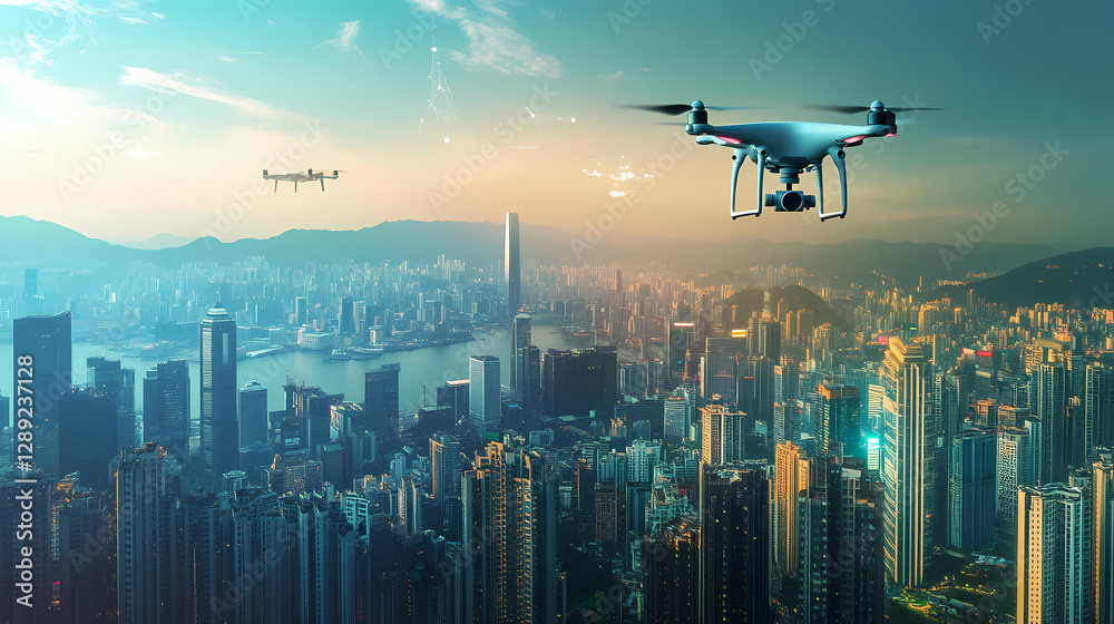 Ai-powered drone flying over a cityscape capturing aerial images. AI-Powered Cityscape. Illustration Ai-powered drone flying over a cityscape capturing aerial images. AI-Powered Cityscape. Illustration