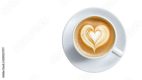 Coffee latte, latte art Layer Heart,  white coffee cup on transparent background PNG format. Create with copy space for text.
