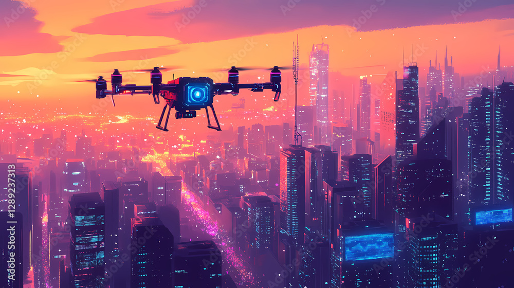 Ai-powered drone flying over a futuristic cityscape capturing real-time data. AI-Powered Cityscape. Illustration Ai-powered drone flying over a futuristic cityscape capturing real-time data. AI-Powered Cityscape. Illustration