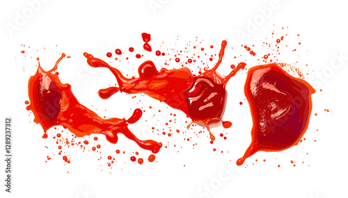 Vector red ketchup splashes on white background, tomato puree texture, pure ketchup stains, fresh sauce top view, vibrant red splashes, food texture, kitchen condiment