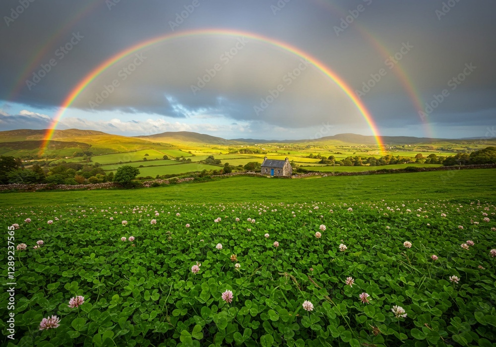 Naklejka premium Meadow with blooming clover and double rainbow over hill. After rain spring nature landscape for St. Patrick's Day, Irish holiday. Ireland tourism and travel. Farming, harvest, agriculture concept. 