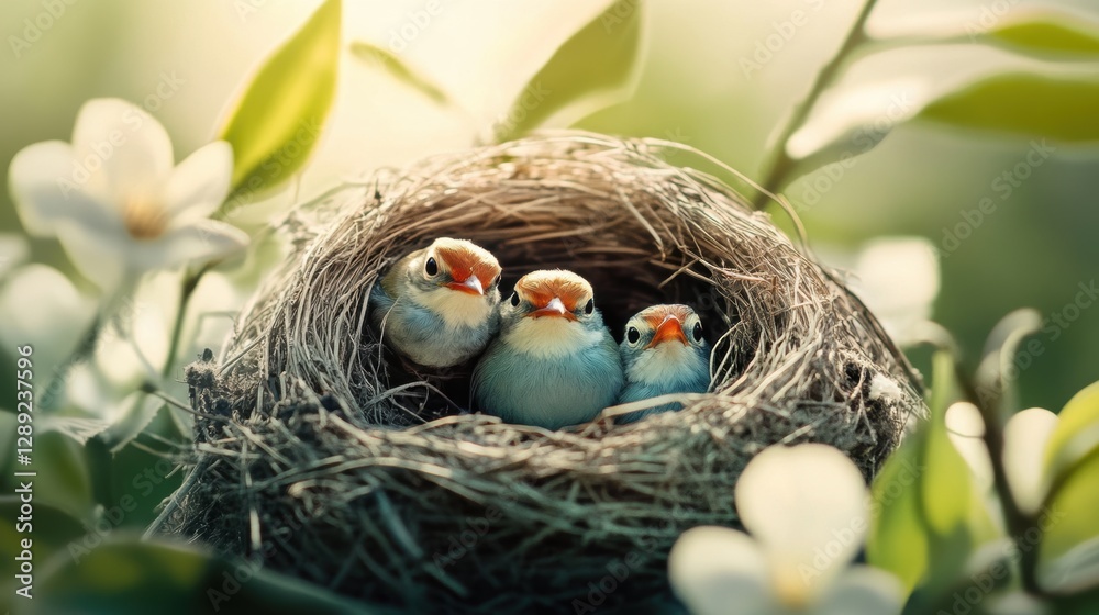 Bird in nest on tree in Spring. Bird in nest on tree in Spring.