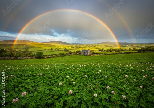 Meadow with blooming clover and double rainbow over hill. After rain spring nature landscape for St. Patrick's Day, Irish holiday. Ireland tourism and travel. Farming, harvest, agriculture concept.  photo