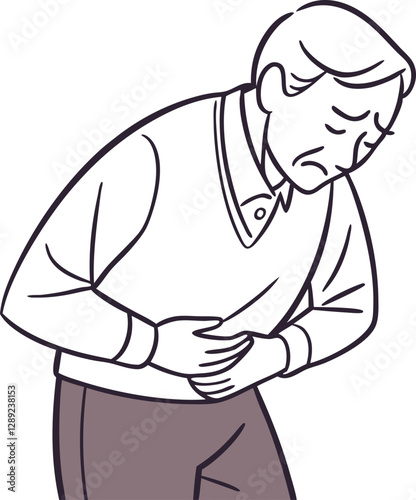 Elderly Male Character with Stomach Pain - Vector Art