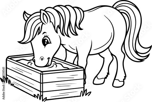 Black and White Coloring Page: Adorable Pony Drinking at a Water Trough, Ideal for Children's Activities