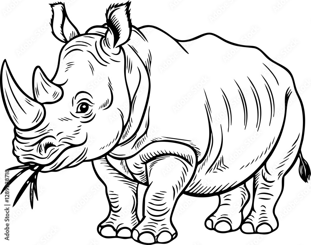 Fototapeta premium Black and White Vector Illustration of a Rhino Grazing, Perfect for Educational and Environmental Projects