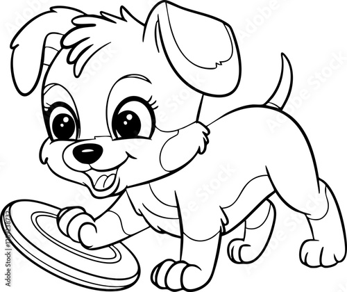 Vector illustration of a playful puppy with a frisbee in black and white, perfect for coloring books and children's designs.
