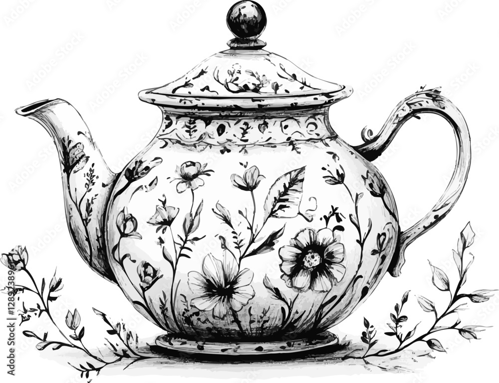 Elegant black and white vector teapot illustration adorned with floral patterns, perfect for culinary or decorative uses.