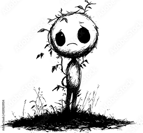 Whimsical Vector Illustration of a Sad Character Surrounded by Plants, Ideal for Art and Emotional Projects
