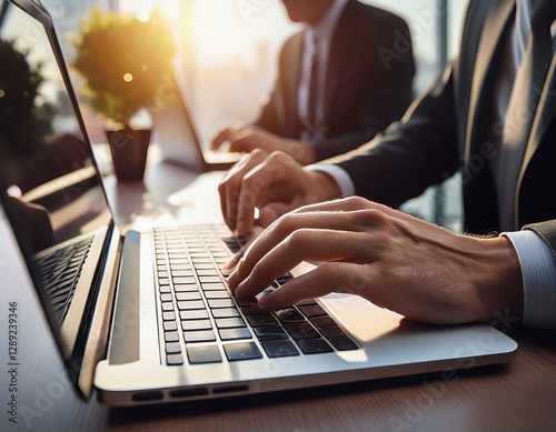 Primer plano, mujer y hombres escribiendo en una computadora portátil en una mesa de oficina, retroiluminada, tecnología de Internet, trabajo en línea, trabajo remoto, otros