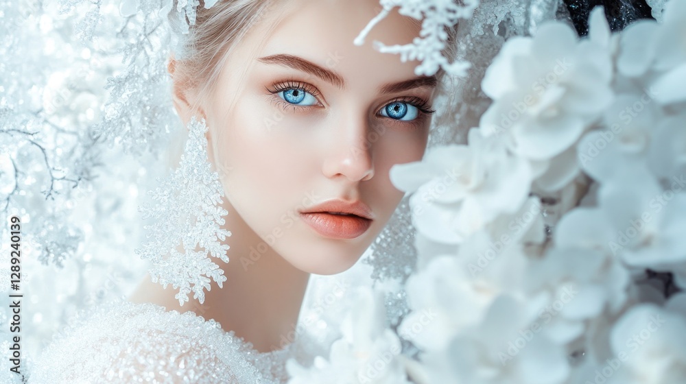 portrait of an extremely beautiful live woman with big live blue eyes with big bright snow-white long earrings made of transparent terry beads glowing from the inside, portrait of an extremely beautiful live woman with big live blue eyes with big bright snow-white long earrings made of transparent terry beads glowing from the inside,