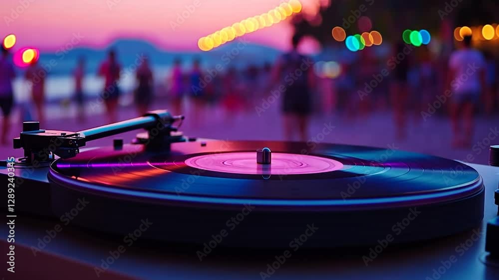 Vintage record player at beach party