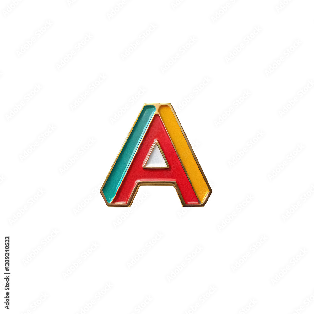 Geometric enamel pin with a letter “A”, polished and colorful, metal badge with retro style, transparent background Geometric enamel pin with a letter “A”, polished and colorful, metal badge with retro style, transparent background