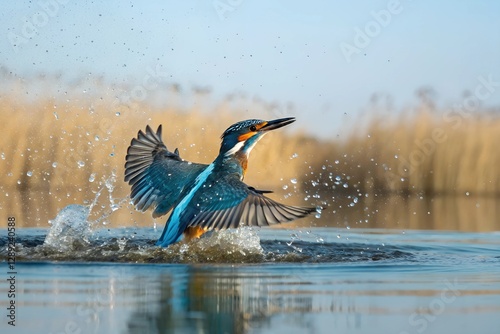Kingfisher emerging from the water after an unsuccessful dive to grab a fish