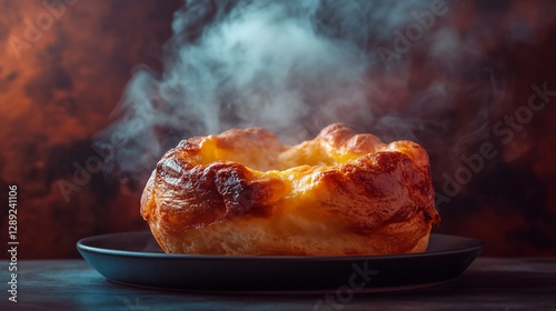 Fototapeta Naklejka Na Ścianę i Meble -  A freshly baked Yorkshire pudding being pulled apart to reveal its airy texture, with steam rising against a moody, warm-toned backdrop