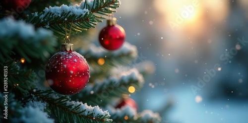 Delicate snowflakes settle on the Christmas tree branches with delicate ornaments, morning, presents, serene photo