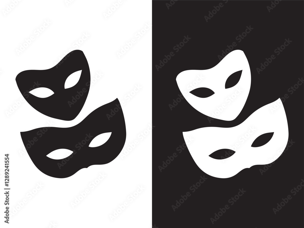 Drama and comedy theater mask vector icon set. Theatrical masks icons. Masquerade vector icon on white background. Comic and tragic mask icon. Drama and comedy theater mask vector icon set. Theatrical masks icons. Masquerade vector icon on white background. Comic and tragic mask icon.