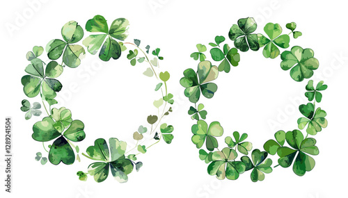 Round clover leaf border, watercolor vector frame, isolated PNG, white background, botanical wreath, Irish shamrock, decorative foliage, nature-inspired frame