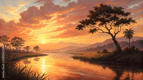 Sunset over African Savanna River