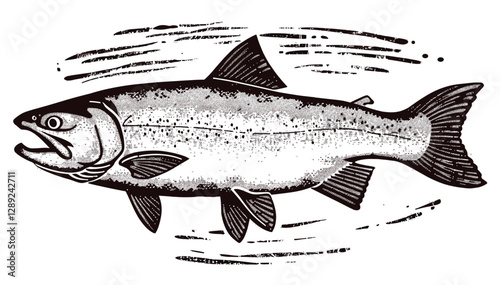 Retro salmon fish vector, stencil illustration, distressed grunge stamp, transparent background, vintage seafood logo, rustic fishing emblem, old-style fish graphic, engraved fish
