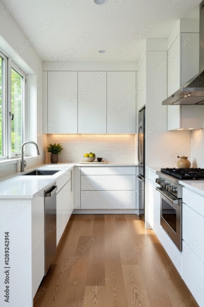 custom made wallpaper toronto digitalSleek white cabinets, quartz counters, stainless appliances, white kitchen, bright