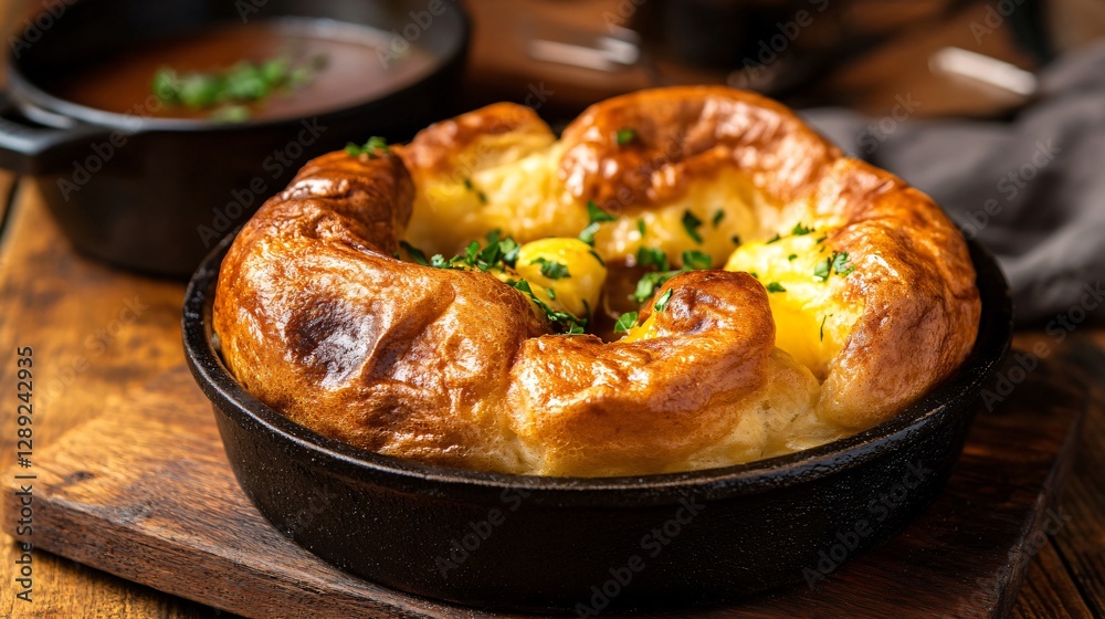 A rustic Yorkshire pudding served on a wooden farmhouse table, with a cast-iron skillet and a pot of homemade gravy in the background A rustic Yorkshire pudding served on a wooden farmhouse table, with a cast-iron skillet and a pot of homemade gravy in the background