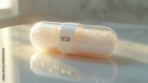 Clear capsule containing MSM powder resting on a reflective surface near sunlight in a bright and tranquil setting photo