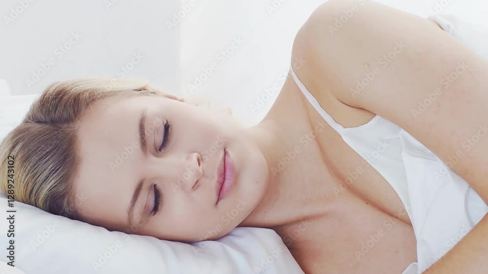 Peaceful, serene scene of a young woman sleeping comfortably in bed, with soft, natural lighting. Perfect for themes of relaxation, rest, and tranquility.