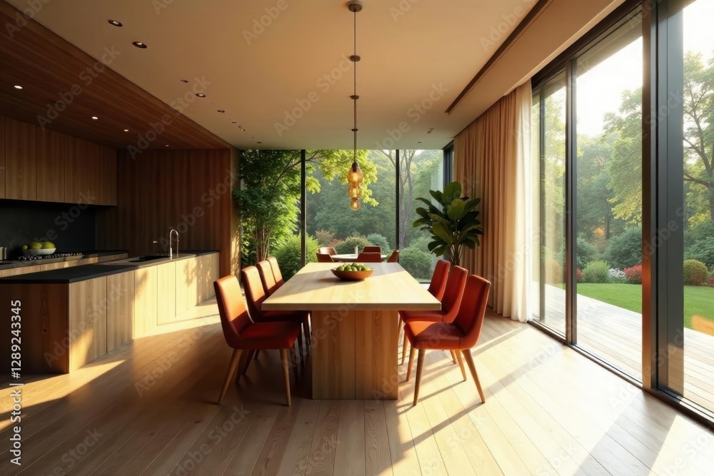 Fototapeta premium Sunlit open plan space, long dining table, brown velvet settee , vintage, decor, apartment