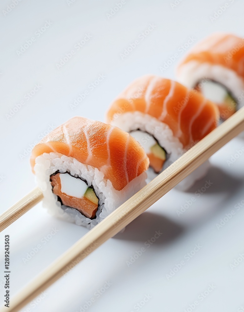 Freshly Prepared Sushi Rolls with Salmon and Vegetables Served with Chopsticks on a Light Background for Culinary and Food Photography Freshly Prepared Sushi Rolls with Salmon and Vegetables Served with Chopsticks on a Light Background for Culinary and Food Photography