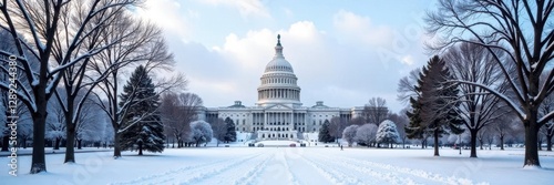 Freshly fallen snow blankets the grounds of the Capitol building, snow, winter