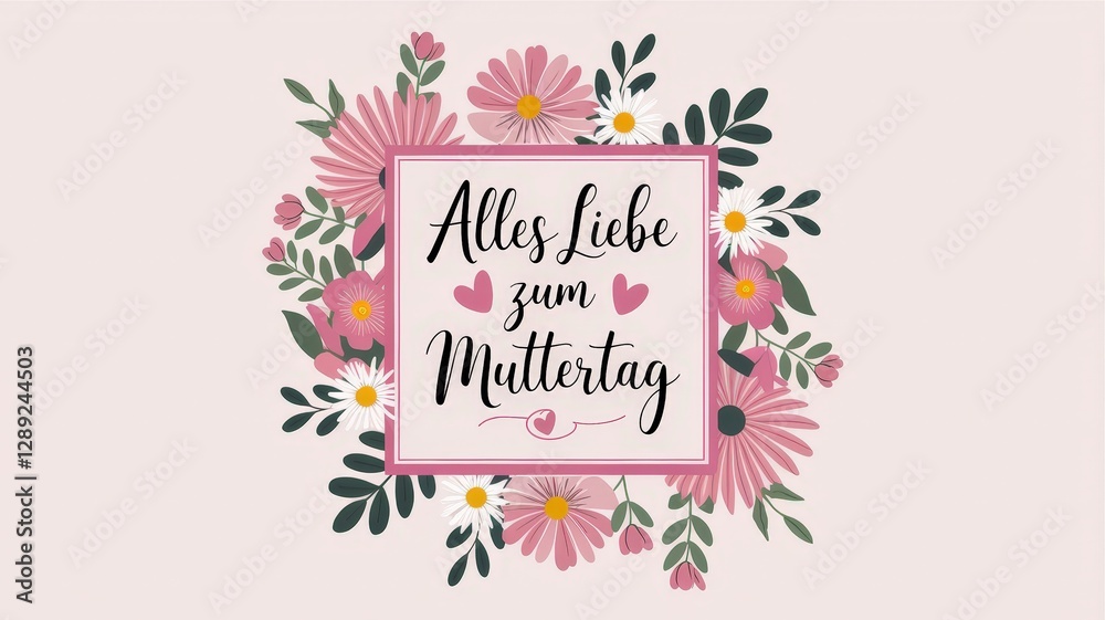 Obraz premium Pink and white floral arrangement with German text Alles Liebe zum Muttertag meaning Lots of love for Mother's Day surrounded by flowers