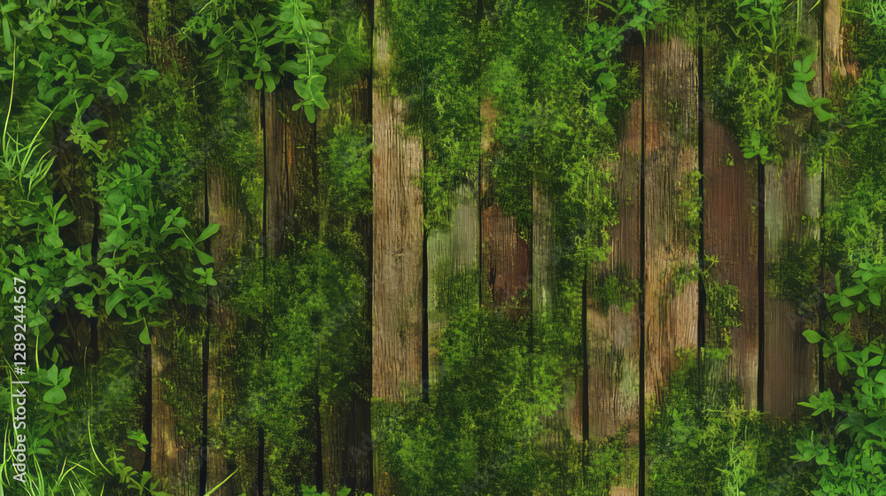 Fototapeta premium Rustic wooden texture with wispy moss and lush greenery for nature design