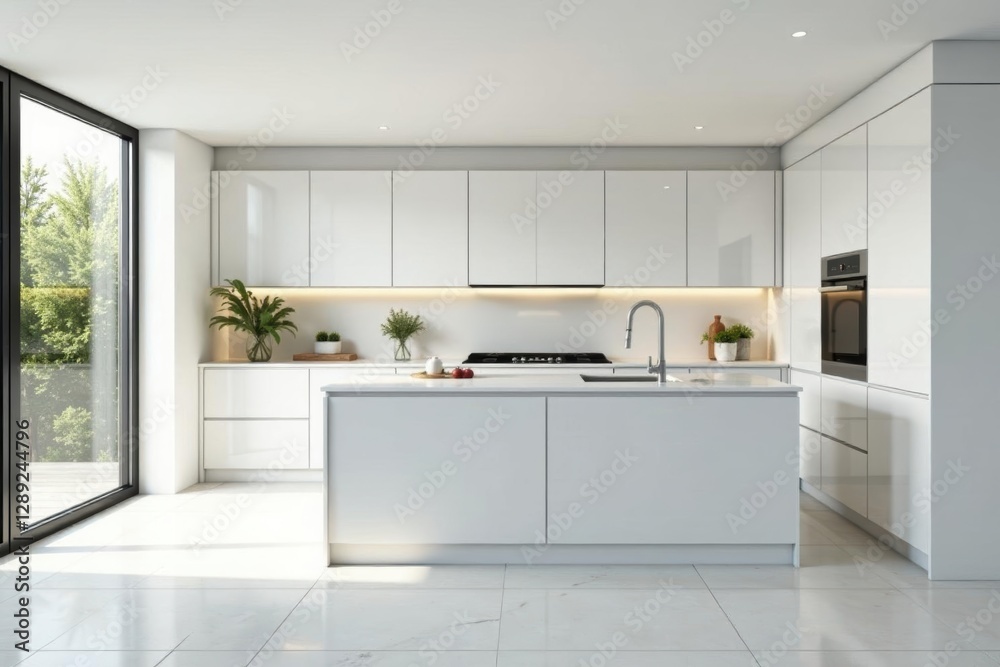 Fototapeta premium Bright white kitchen, high-end finishes, spacious layout, custom cabinets, white kitchen, backsplash tile