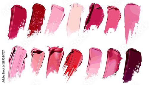 Assorted lipstick smear, smudge, swatch, vector set collection, makeup brush stroke, beauty cosmetic texture, isolated on white or transparent PNG, lip gloss
